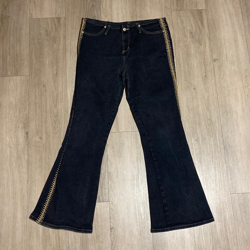 High-Rise Dark Indigo Flare Jeans with Gold Trim